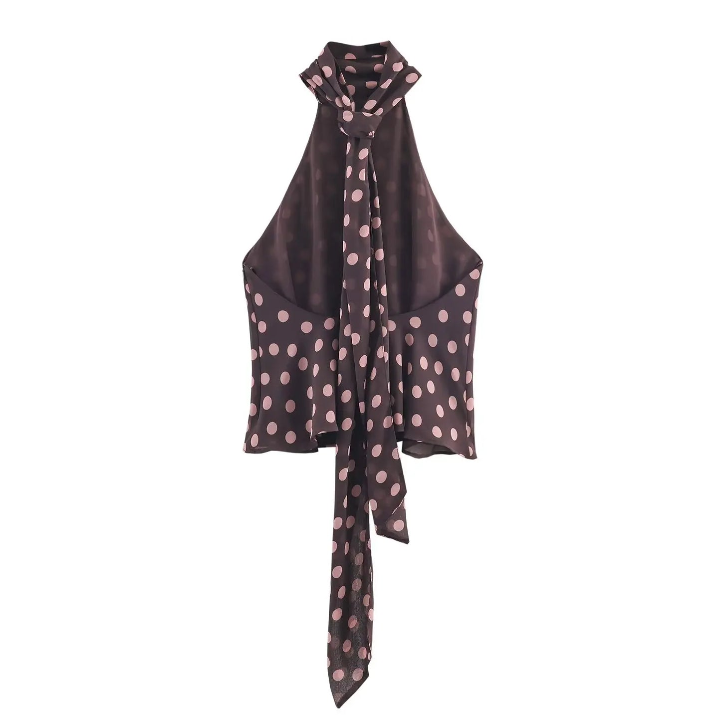 Women's Summer New Polka Dot Hanging Neck High Neck Top With Lace Up Design Lady Sleeveless Backless Sexy High Street Vest Top