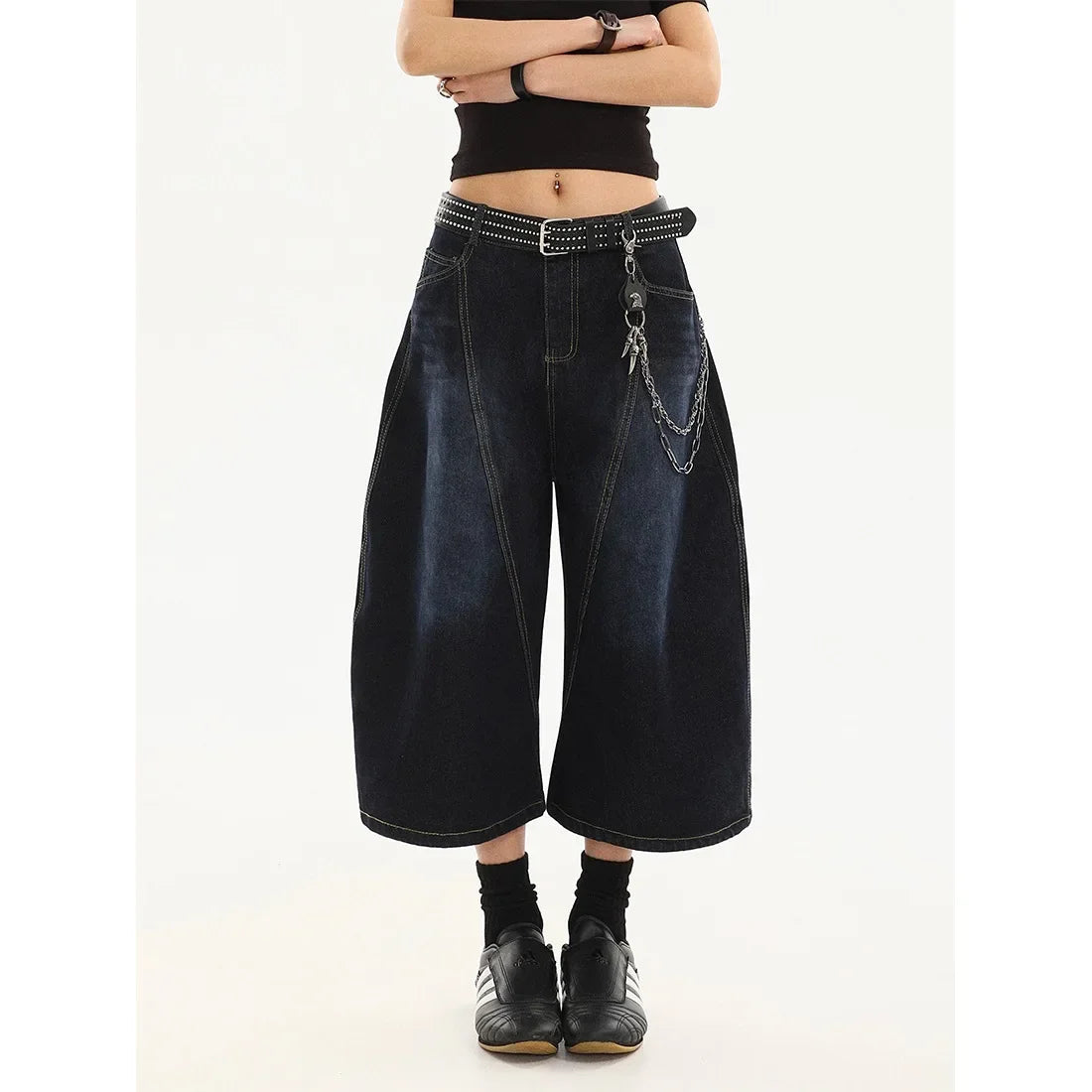 American Retro Embroidered Letter Cut-off Jeans Loose Straight Leg Trousers for Men High Waist Design Summer New Style