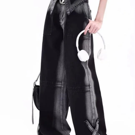 American Style Color Block Spicy Girl Wide Leg Jeans