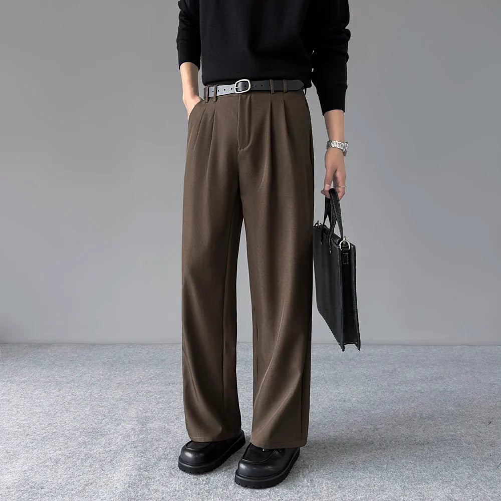 Spring New Loose Straight Pants Men Elastic Waist Double Pleats Wide Legs Casual Drape Fashionable Anti-wrinkle Trousers