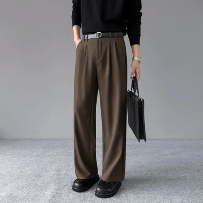 Spring New Loose Straight Pants Men Elastic Waist Double Pleats Wide Legs Casual Drape Fashionable Anti-wrinkle Trousers