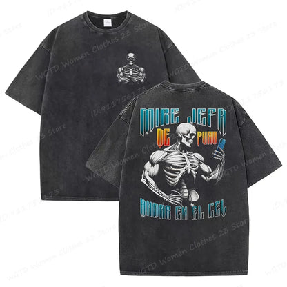 Calacas Chidas Gym Washed T-Shirts Men's Trendy Cool Skeleton & Gym Print Oversized Tshirt Summer Tees Streetwear Casual Tops