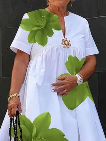 Women's Summer New Dress 2025 V-Neck Pleated Short Sleeves White Loose Flower Print Casual Midi Dresses for Woman