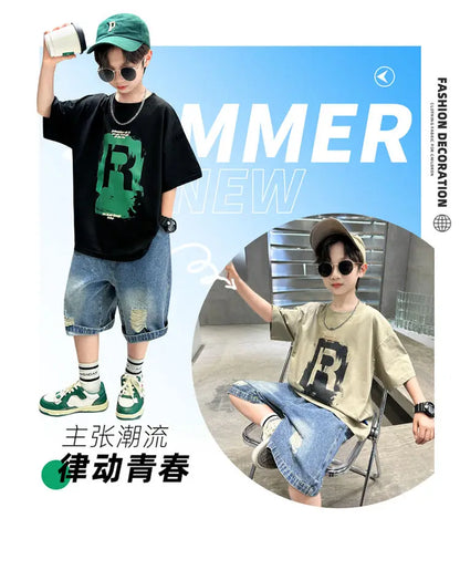 New Boys Fashion Summer 2pcs Cotton T-shirts+Denim Shorts Sporty Suits Teenage Kids Korean Style Outfits Sets Children Clothes