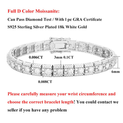 Luxury GRA Certified Full Moissanite Diamond Tennis Bracelet D Color For Woman Man 925 Couple Chain Bracelets Bangle Gift
