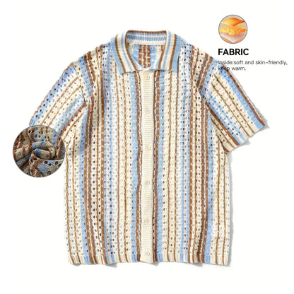 Men's Short Sleeve Summer Fashion Retro Knit Lapel Top Solid Color Soft Breathable Light Polo Knitwear Men US Size