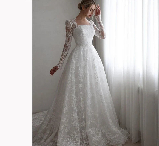 A-line Boho Lace Wedding Dress Full Sleeves Square Collar Bride Dresses Long Bridal Gowns vestidos de novia Customized