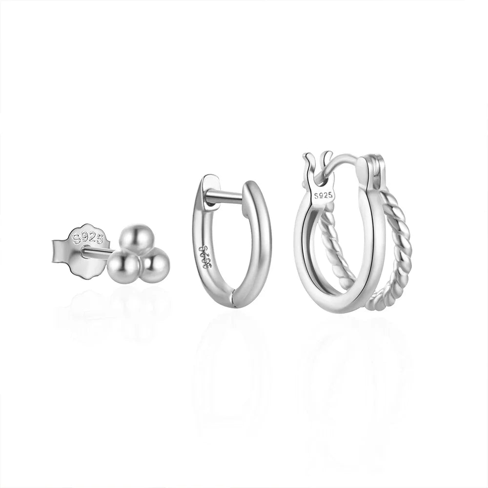 925 Sterling Silver 3PCS Zircon Double Layer Hoop Earrings For Women Minimalism Ins Earrings Fine Jewelry Party Gift