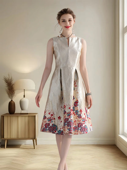 Luxury Women Fashion High Quality Jacquard A Line Ball Gowns Sleeveless Summer Casual Clothing Midi Femme Party Dressses