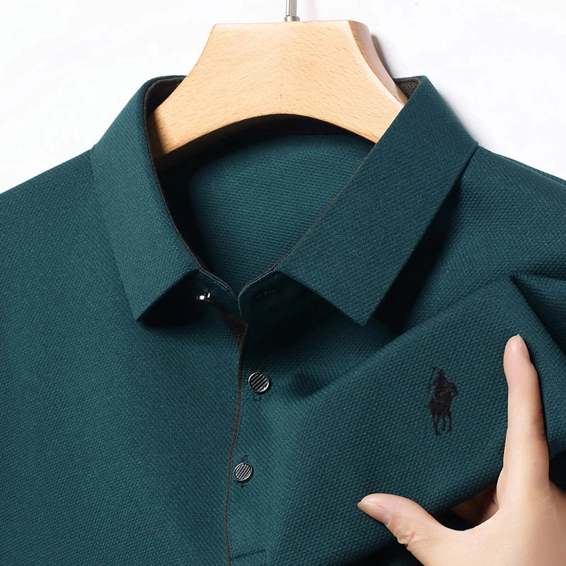 2025 Latest Autumn New Men's Long Sleeve Polo Shirt Middle Aged Business Comfortable Solid Color Men's Collar T-shirt