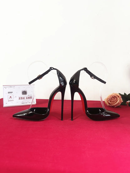 Customized 12cm Ultra High Heels Black Lacquer Classic Thin Heel Bottom Shallow Mouth Fun Women's High Heel Sandals