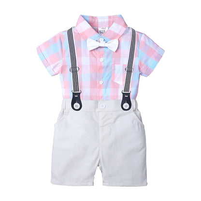2026 Baby Boy Formal Birthday Outfit Suit Toddler Gentleman Clothes Infant Short Sleeve Bowtie Shirt+Suspender Pants Casual Sets