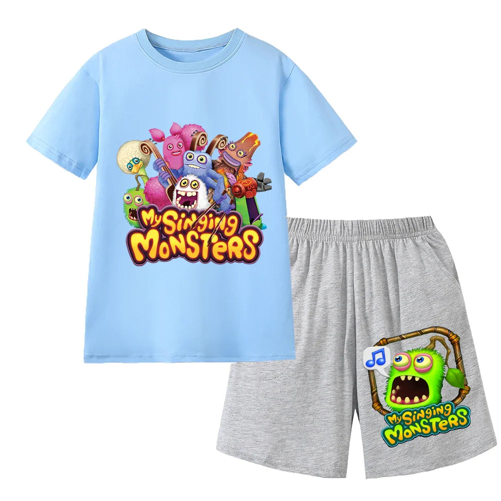 Summer Kids Cartoon Print Sport Clothing Suit Monsters Boys Casual Outfits Children Breathable T Shirt Pocket Shorts 2 Piece Set