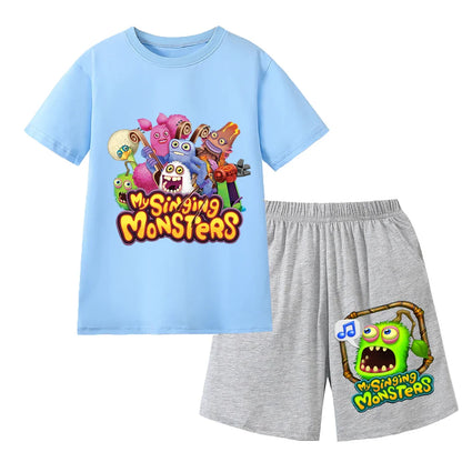 Summer Kids Cartoon Print Sport Clothing Suit Monsters Boys Casual Outfits Children Breathable T Shirt Pocket Shorts 2 Piece Set