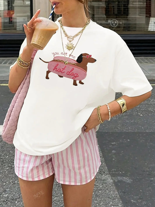 Cartoon Funny Dachshund Print Women's T-shirt Casual Round Neck Fashionable White T-shirt Suitable for Women in Summer