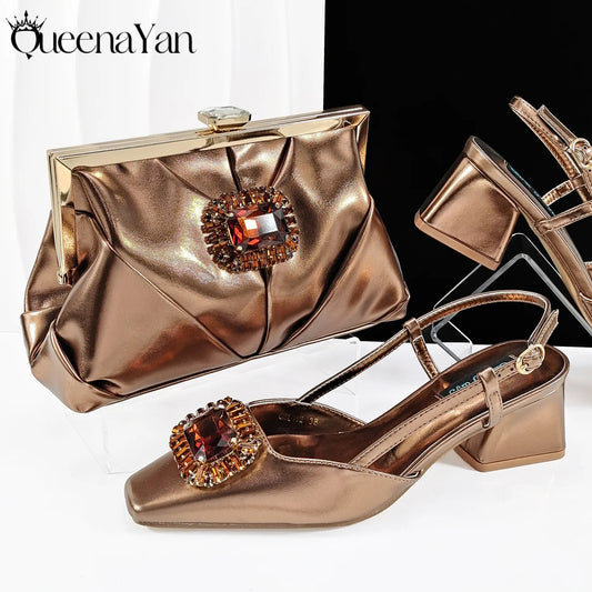 Nigerian Banquet Shoes and Bag Set Fashion Ladies Matching Shoes and Bag High Heels Wedding Party Coffee Color