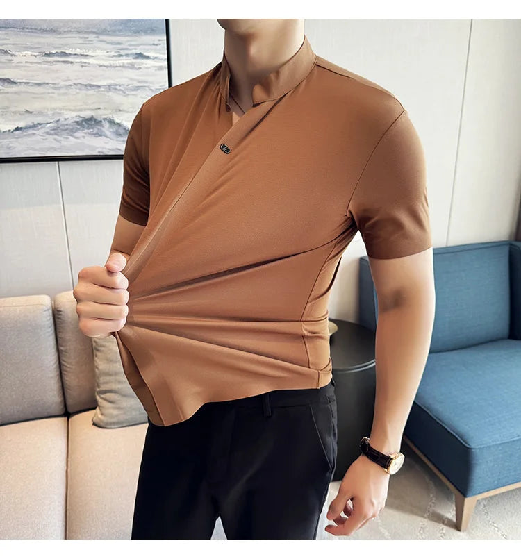 Men's High Elastic V-neck Polo Shirt, Thin Short-sleeve T-shirt, Business Casual Men's Top, 2024 High Quality, M-4XL.