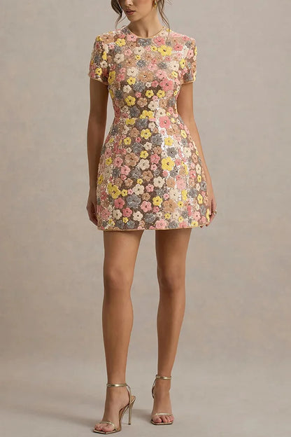 Spring Summer 2025 Women Elegant O Neck Short Sleeve Mini Dress Sequined Patchwork Casual Party Dress Sexy Ladies Slim Dresses