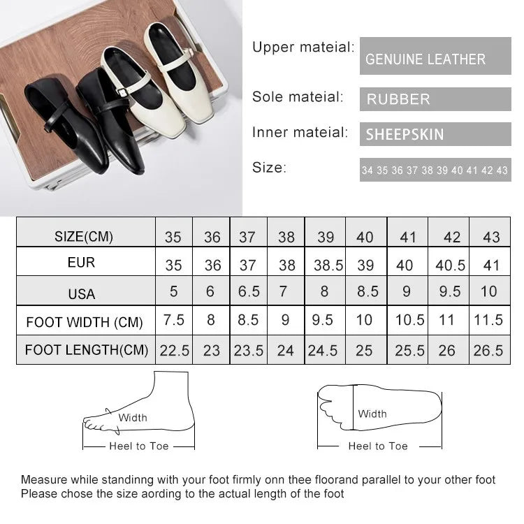 Mary Jane Shoes Female Genuine Leather 2026 New Snap Ballet Shoes Women Square Toe Flat Cowhide Ladies Shoes