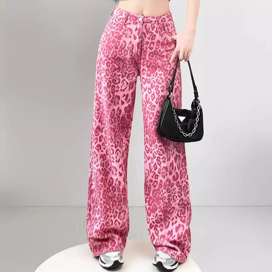 Chic Pink Leopard Print Jeans Girls High Waist Straight Leg Pants