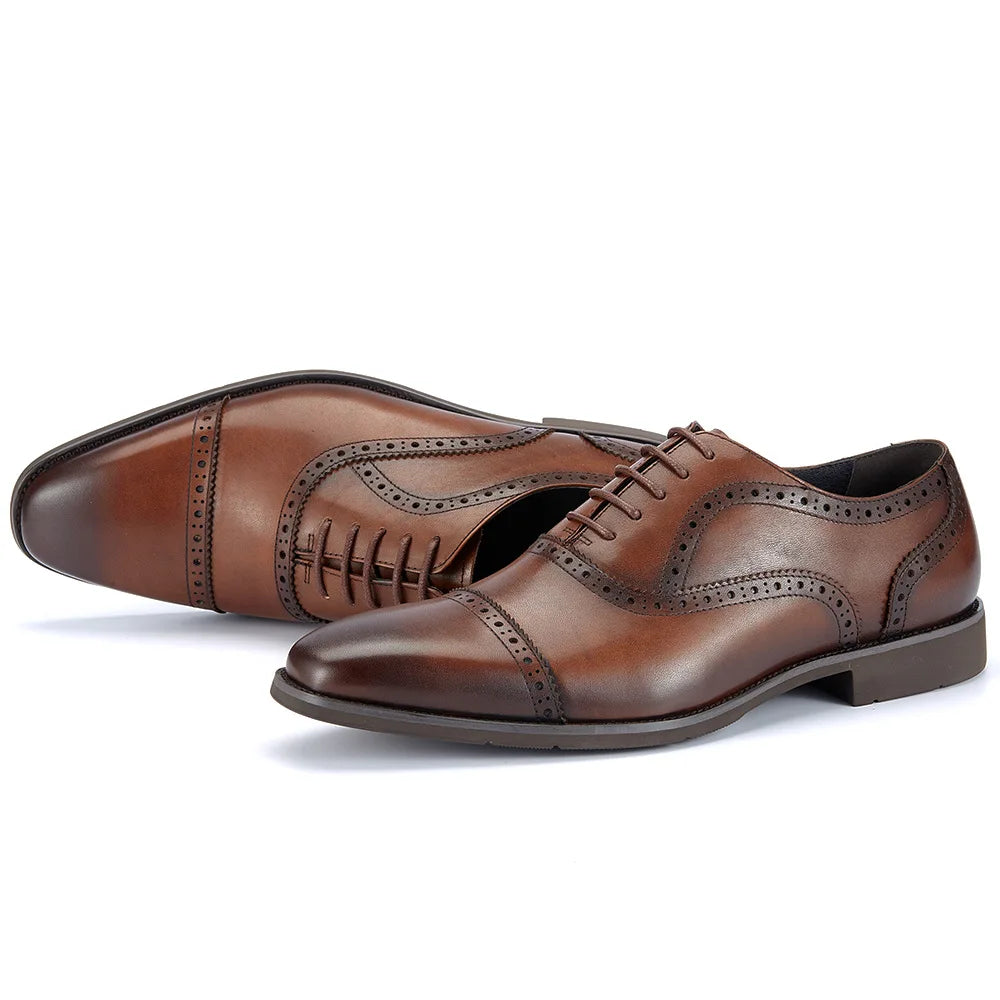 Men's Genuine Leather Brogue Oxfords, Business Formal Dress Shoes with Soft Rubber Sole
