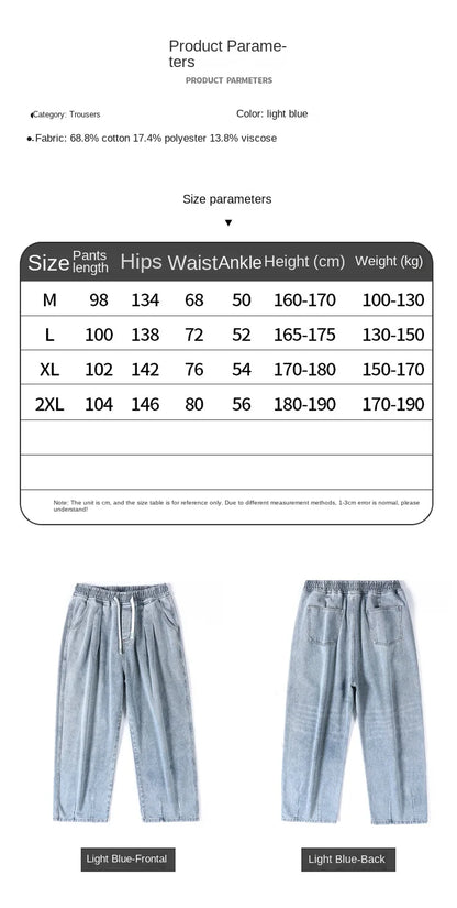New Men's Elastic Waist Jeans Loose Wide Leg Casual Straight Long Trousers Comfortable Stretch Denim Pants Trendy Brand