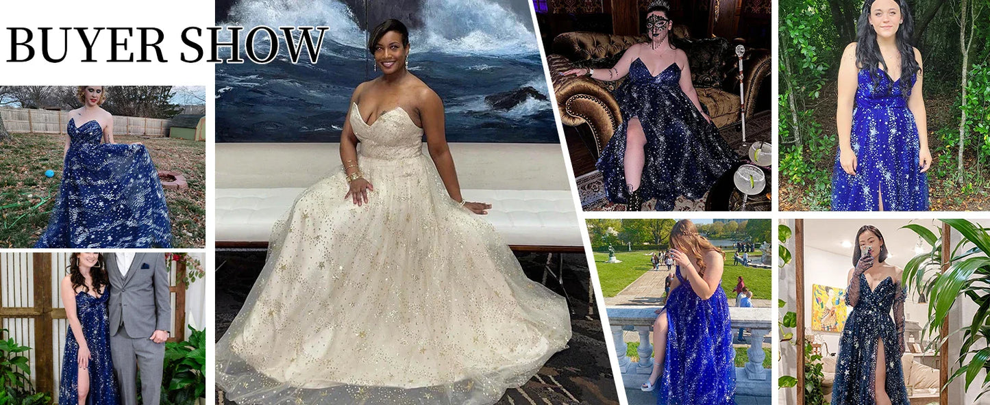 V Neck Luxury Women's Sparkle Starry Tulle Prom Dresses Strapless Slit Formal Evening Party Gowns Formal Dress Women Elegant