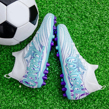 Unisex High-Top Football Shoes AG Long Nails Anti-Slip Leather Black for Teenagers And Adults