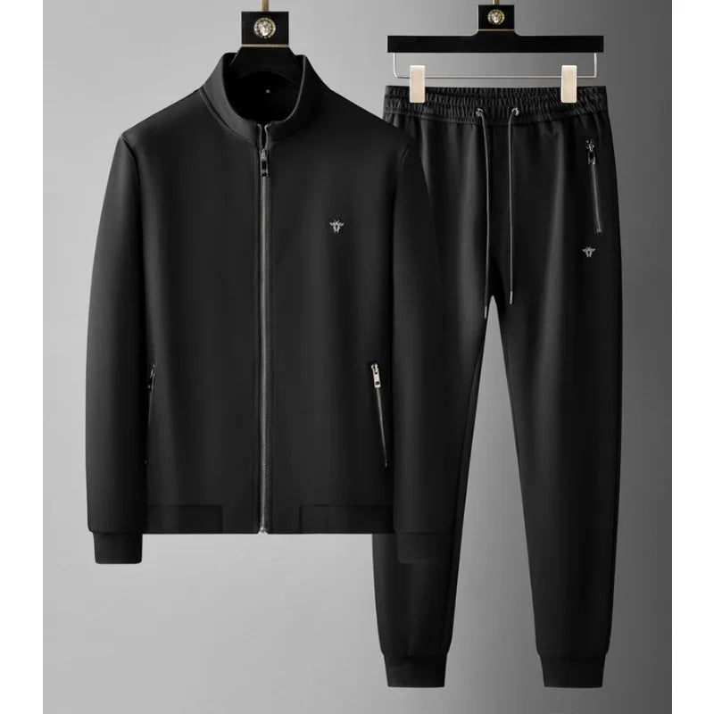 Spring Autumn Men's Sets Luxury Bee Printed Zipper Sweatshirt Solid Color Leisure Sports Elastic Wasit Pants Man Suits