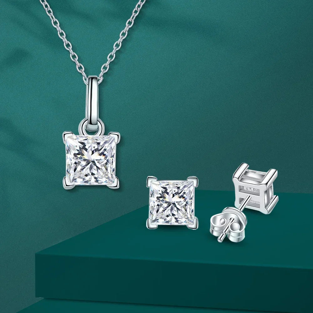 Moissanite Jewelry Set for Women Princess Cut D Color Diamond 925 Sterling Silver Pendant Necklace Stud Earring with Certificate