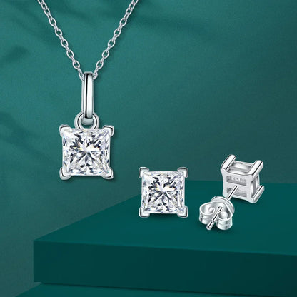 Moissanite Jewelry Set for Women Princess Cut D Color Diamond 925 Sterling Silver Pendant Necklace Stud Earring with Certificate