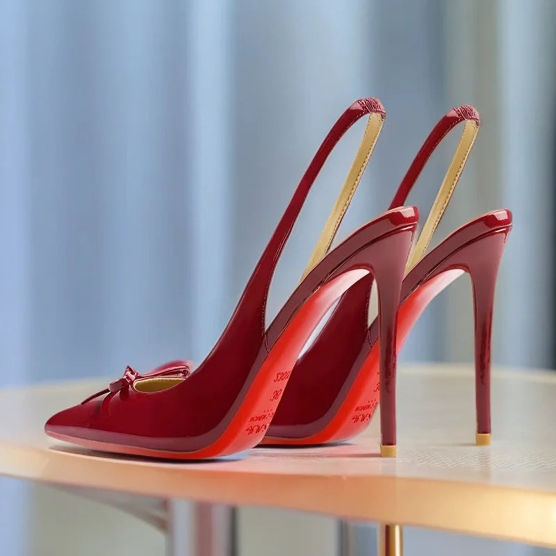 New black nude wine red patent leather pointed small bow back empty style plus size socialite high-heeled sandals