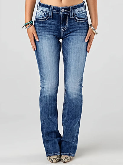 Women Embroidery Pockets Distressed Jeans