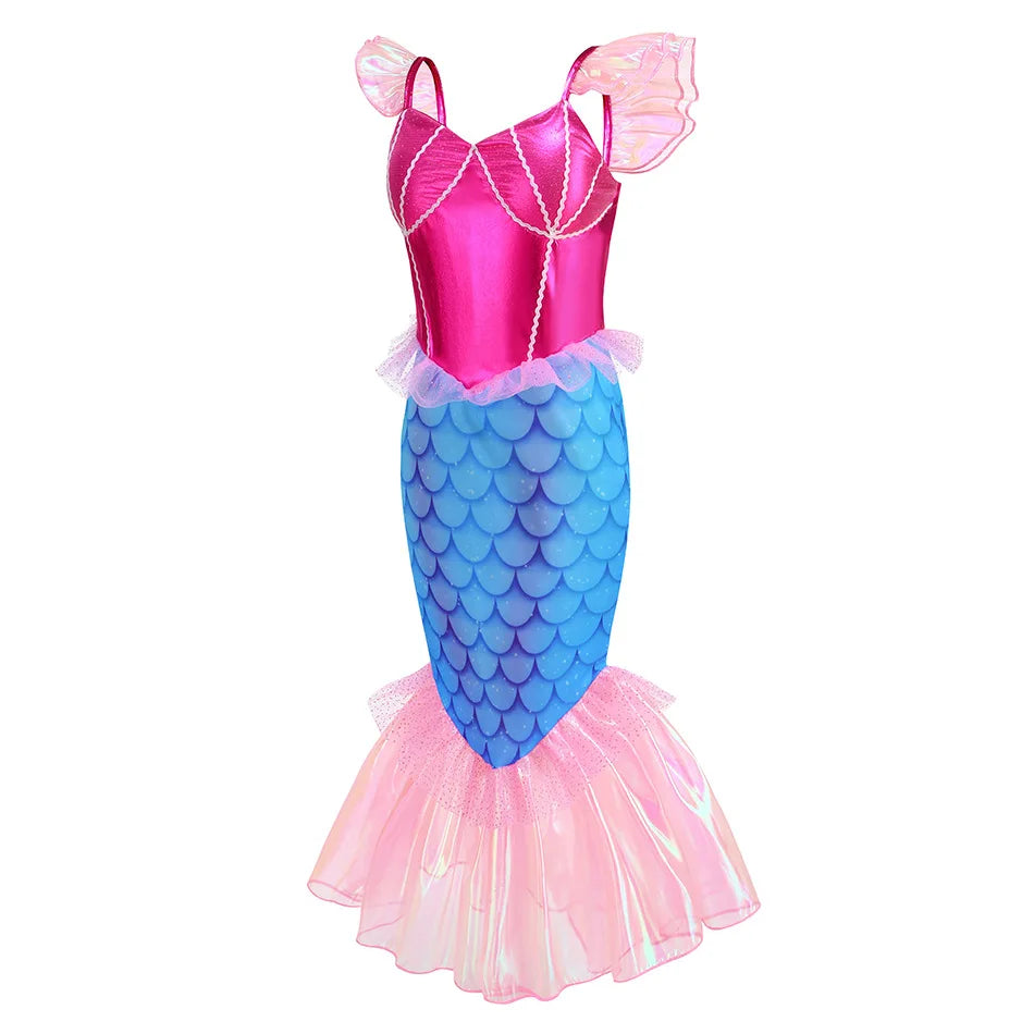 Blue Red Purple Three Colors Mermaid Flying Sleeve Fishtail Beautiful Dress For Girl Summer Beach Party Cool Swimsuit Set