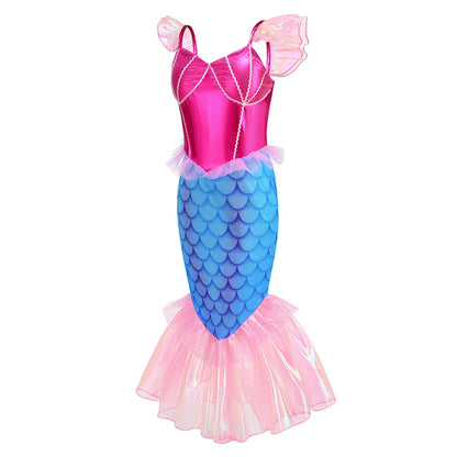 Blue Red Purple Three Colors Mermaid Flying Sleeve Fishtail Beautiful Dress For Girl Summer Beach Party Cool Swimsuit Set