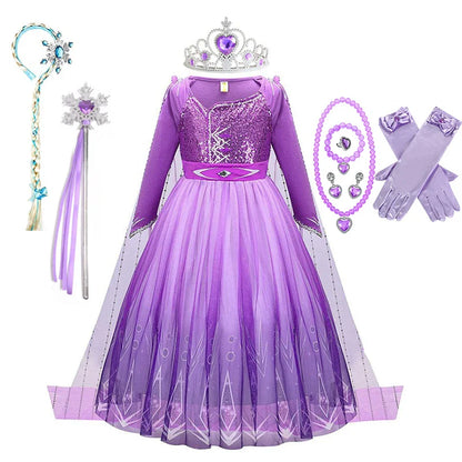 Snow Queen Elsa Princess Dress for Kids Girls Cosplay Frozen 2 Costume Birthday Party Children Purple Sequins Mesh Clothes 2-10Y