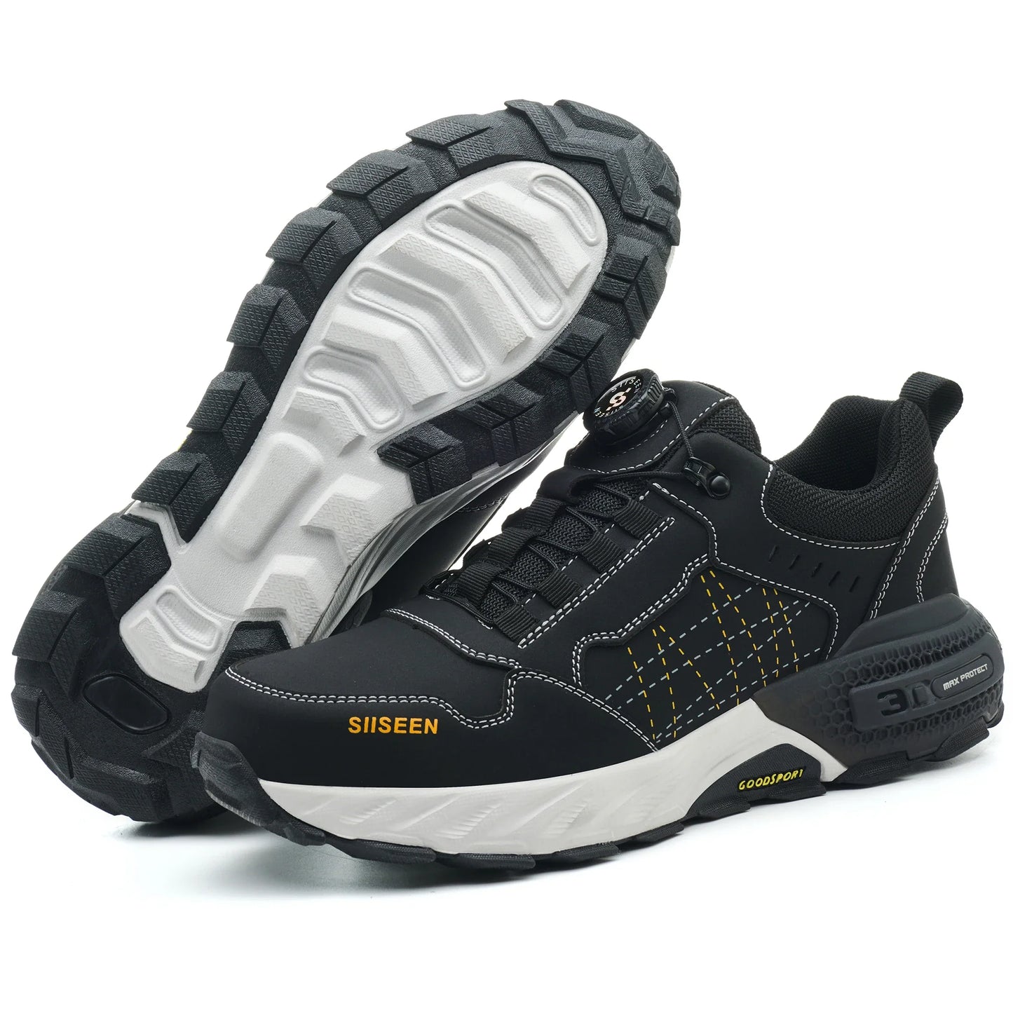 Men's safety shoes with anti - impact steel toes, puncture - resistant Kevlar, and rubber anti - slip soles for industrial work.