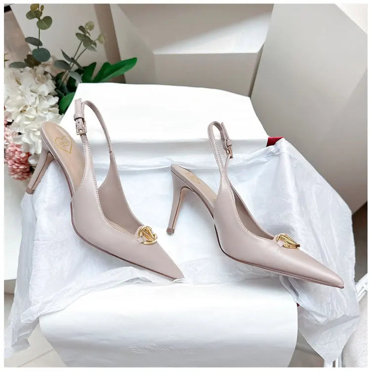 Thin heeled Baotou sandals for women's summer 2026 new style, pointed back strap, metal buckle, versatile high-heeled sandals