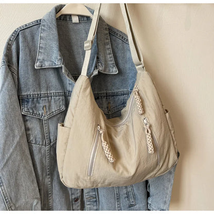 Summer Women Solid Color Shoulder Bag Fashion Lightweight Versatile Travel Crossbody Bag Commuter Nylon Large Capacity Hobo Bag