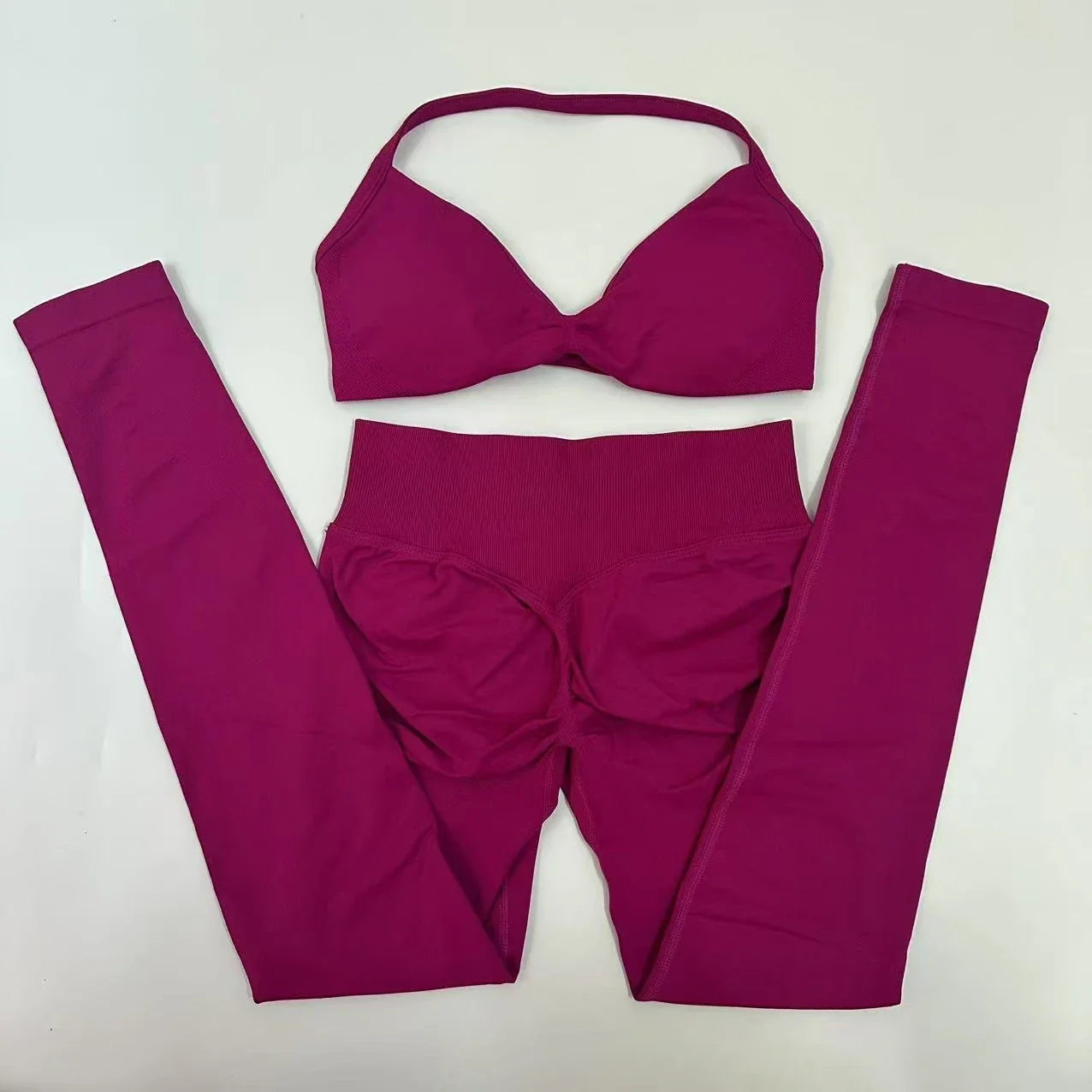 2pcs Seamless Yoga Set Women Yoga Scrunch Leggings Set Strappy Halter Sports Bra Fitness Gym Clothing Workout Set