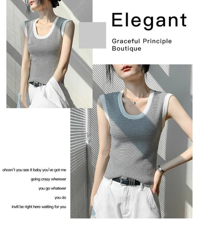 2026 Spring Summer O-Neck Striped Vest Top Simple Slim Fit Sleeveless Casual Versatile Women's Tank Top