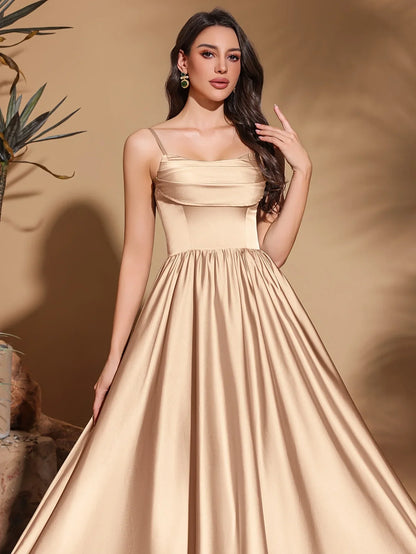 Strapless chest pleated satin high waist floor-length gown, women's long dress, party dress