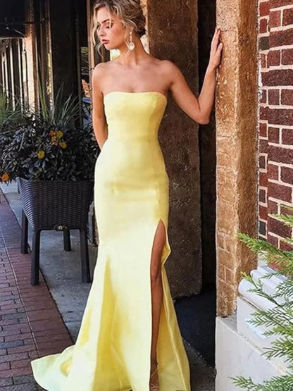 Women's Sleeveless Mermaid High Slit Backless Long Prom Gowns Strapless Floor Length Satin Evening Maxi Dresses