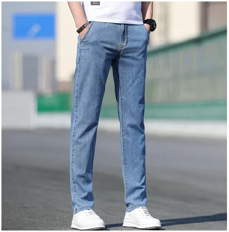Summer New Men's Loose Stretch Gray Jeans Fashion Casual Stretch Straight-leg Denim Pants Male Light Blue Brand