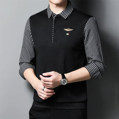 2025 New Men's Casual and Fashionable Long Sleeved POLO Shirt with Contrasting Print Anti Wrinkle Top