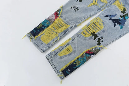 Chinese Painting Embroidered Patch Denim Ripped Jeans for Men Streetwear Pleated Tassels Distressed Destroyed Jean Straight Male