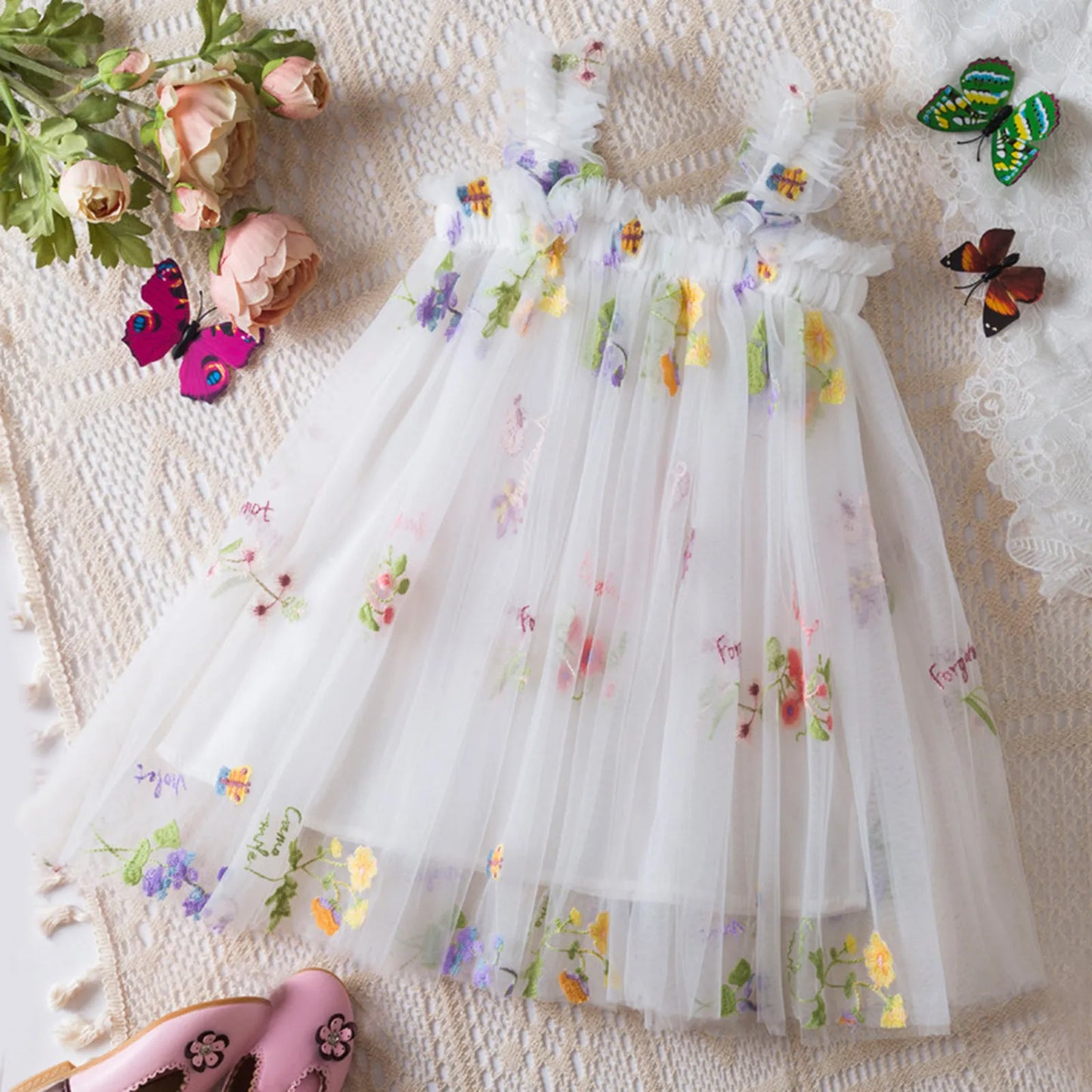 Outdoor Summer Cute Princess Dress Toddler Baby Girls Embroidery Flower Suspender Mesh Dresses Birthday Party Princess Dresses