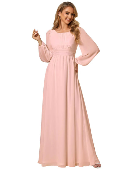 Women's Crewneck Lantern Sleeves Bridesmaid Dresses For Wedding Flowy A-Line Pleated Floor Length Chiffon Formal Evening Dresses