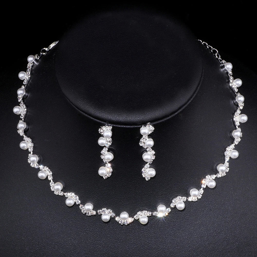 Silver Color Pearl Crystal Bridal Jewelry Sets Wave Shape Choker Necklace Earrings Sets for Women Wedding Jewelry Sets