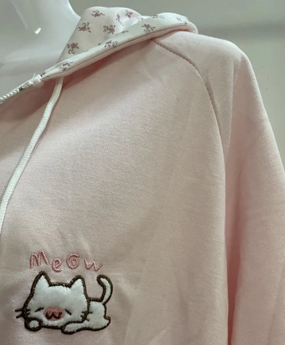 Y2k Hoodies Green Kawaii Cat Floral Print Hooded Zip-up Woman Sweatshirts Pink Thin Jacket Spring Fall Clothes Cute Streetwear